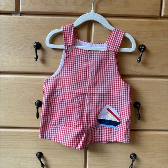 Vintage 90s Hand Sewn Gingham Red Embroidered Sailboat Shortalls Size 6-12 Month - Picture 3 of 5